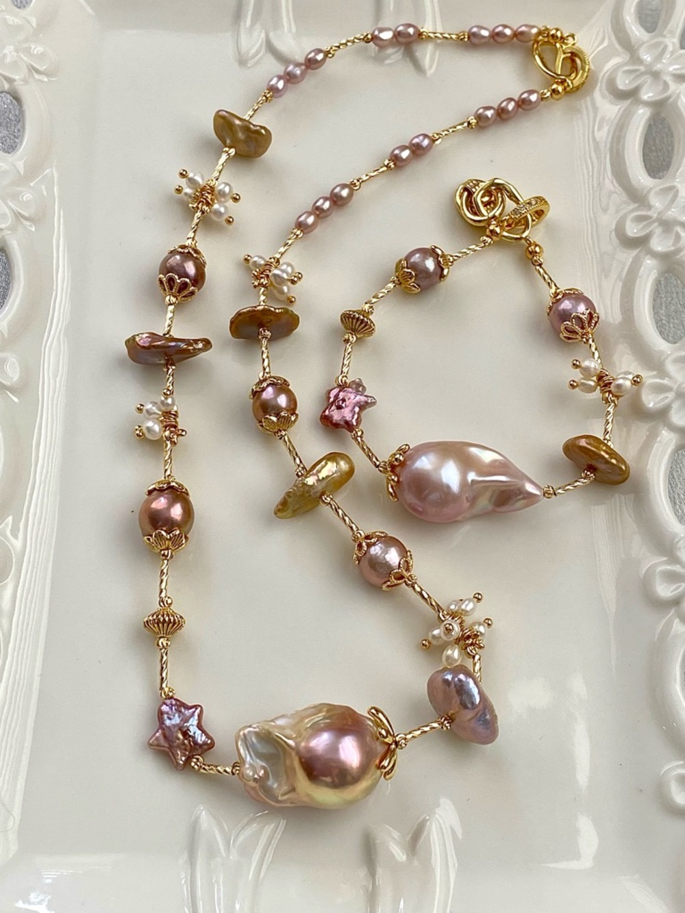 S61-Handmade Metallic Pink Flameball Pearl, Keshi And Edison Pearl Set
